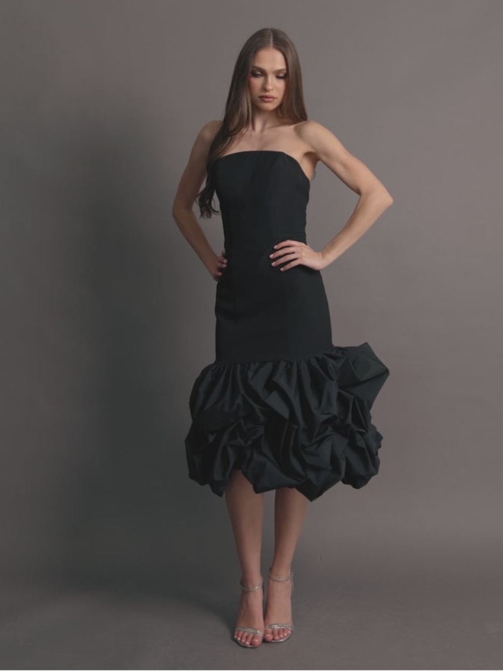 Mac Duggal 21061 Black Strapless Crepe Midi Dress With Bubble Hem sz 8